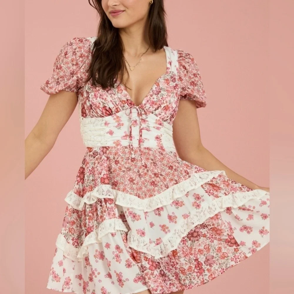 ARULA Pink and Cream Floral Mini Dress - Picture 1 of 8